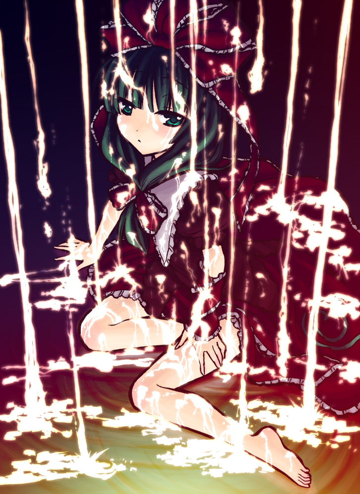 saki chisuzu, kagiyama hina, touhou, slime, 1girl, barefoot, bukkake, cum, feet, female focus, front ponytail, green eyes, green hair, matching hair/eyes, sexually suggestive, solo