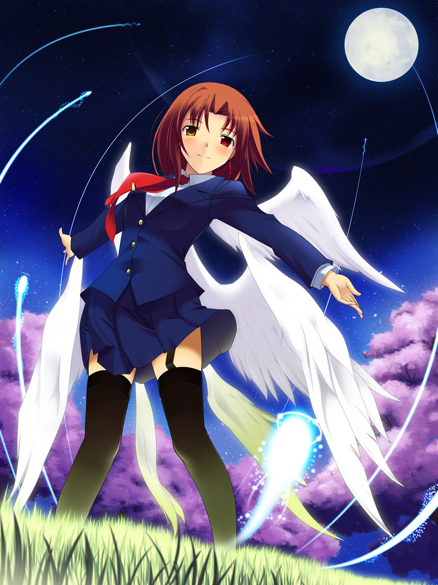koikeya, original, bad id, bad pixiv id, highres, 1girl, angel, angel wings, black thighhighs, blazer, brown hair, earrings, female focus, full moon, garter belt, grass, heterochromia, jacket, jewelry, looking at viewer, moon, multiple wings, necktie, night, night sky, pleated skirt, red eyes, red hair, school uniform, short hair, skirt, sky, solo, thighhighs, wings, yellow eyes