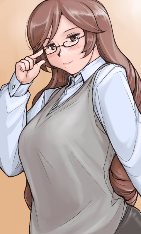 tsuda nanafushi, suiseiseki, rozen maiden, 00s, adjusting eyewear, aged up, breasts, brown eyes, brown hair, casual, glasses, large breasts, long hair, solo