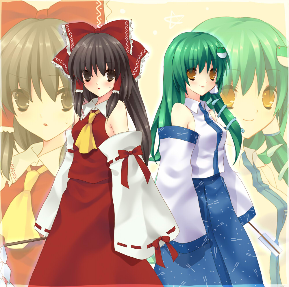 tokira nozumi, hakurei reimu, kochiya sanae, touhou, bad id, bad pixiv id, 2girls, bow, brown eyes, brown hair, detached sleeves, female focus, frog, gohei, green hair, hair bow, hair ornament, japanese clothes, long hair, miko, multiple girls, snake, yellow eyes, zoom layer