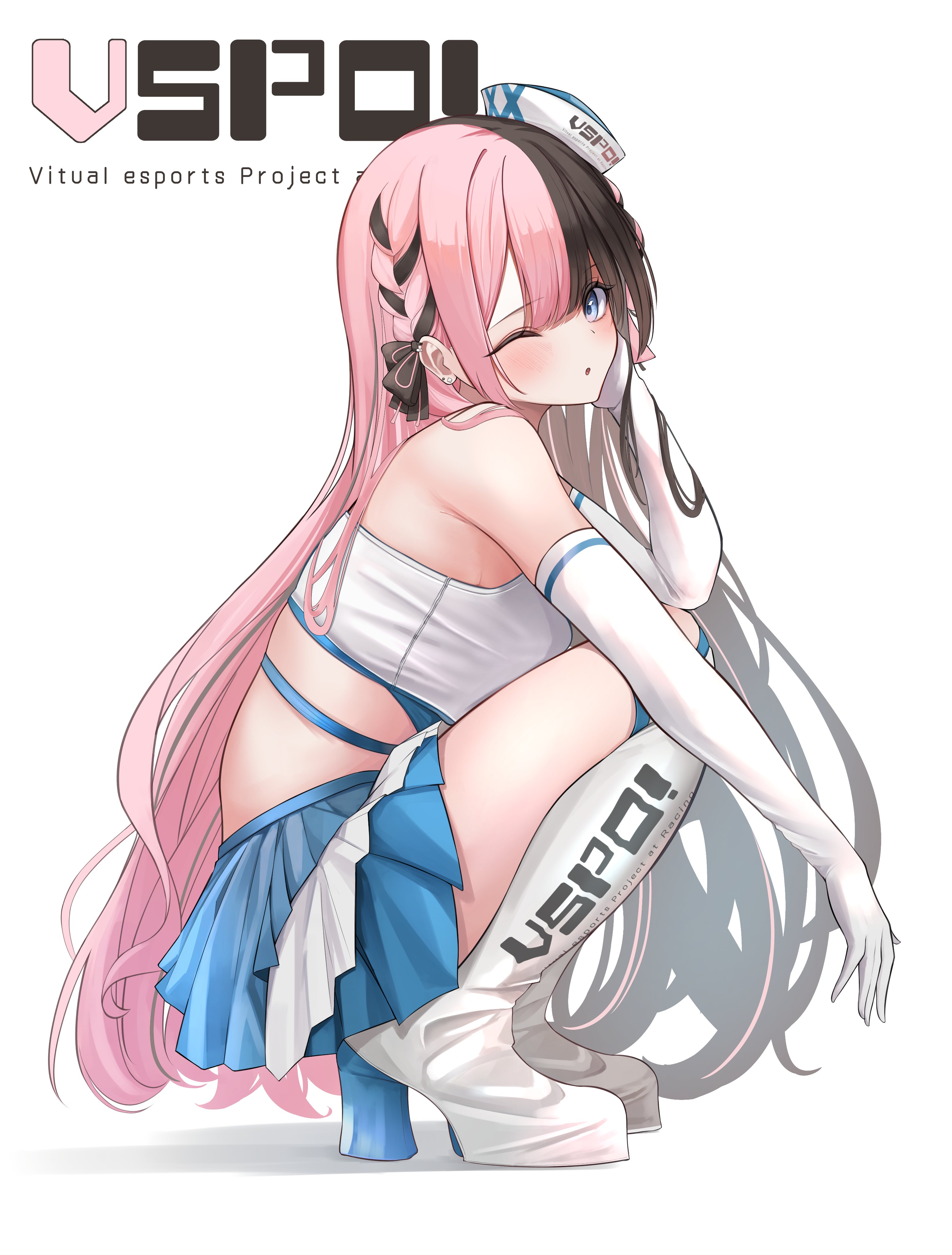 miduki yoshi, tachibana hinano, vspo!, absurdres, highres, 1girl, ;o, bare shoulders, black hair, black ribbon, blue skirt, blush, boots, braid, clothes writing, copyright name, crop top, earrings, elbow gloves, english text, from side, full body, gloves, hair ribbon, hand on own cheek, hand on own face, hat, high heel boots, high heels, jewelry, knee boots, long hair, looking at viewer, looking to the side, miniskirt, multicolored hair, one eye closed, parted lips, pink hair, pleated skirt, ribbon, side braid, simple background, skirt, solo, squatting, stud earrings, two-tone hair, very long hair, white background, white boots, white gloves, white hat