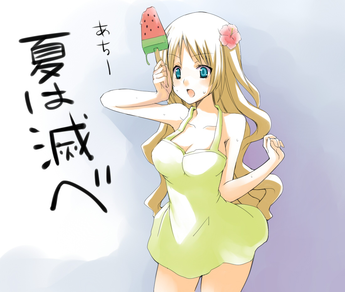 numako, bad id, bad pixiv id, aqua eyes, blonde hair, breasts, cleavage, dress, flower, food, fruit, hair flower, hair ornament, hibiscus, large breasts, popsicle, solo, watermelon, watermelon bar