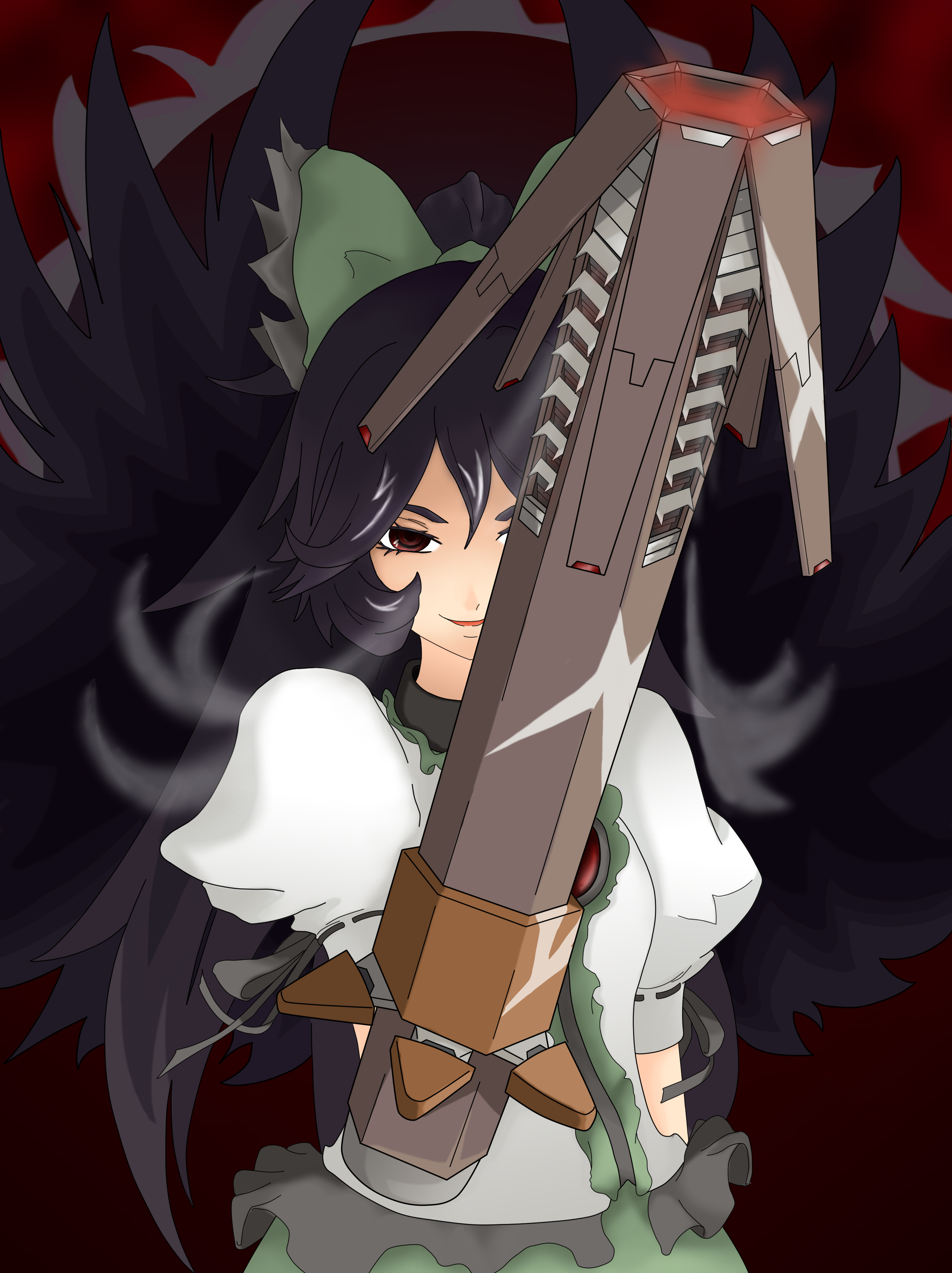 gokashi, harvest moon (pixiv), reiuji utsuho, touhou, absurdres, highres, 1girl, alternate weapon, arm cannon, black hair, female focus, hair ribbon, red eyes, ribbon, solo, weapon, wings