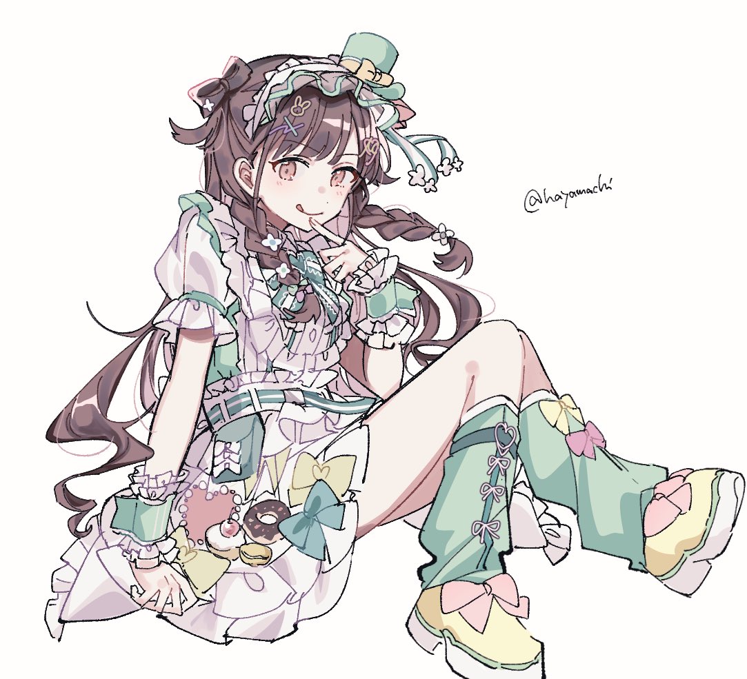 hayamachi, sonoda chiyoko, idolmaster, idolmaster shiny colors, 1girl, :q, apron, arm at side, bow, bowtie, braid, brown hair, dress, finger to mouth, flower, food-themed ornament, footwear bow, frilled dress, frilled wrist cuffs, frills, full body, green bow, green bowtie, green dress, green hat, green socks, hair bow, hair flower, hair ornament, hand up, hat, knees up, light blush, long hair, looking at viewer, loose socks, mini hat, platform shoes, puffy short sleeves, puffy sleeves, red eyes, shoes, short sleeves, simple background, sitting, smile, socks, solo, swept bangs, tongue, tongue out, twin braids, twitter username, waist apron, white apron, white background, wrist cuffs, yellow shoes