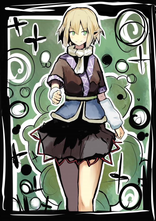 sergei (pattundo), mizuhashi parsee, touhou, 1girl, arm warmers, blonde hair, female focus, green eyes, pointy ears, scarf, short hair, solo