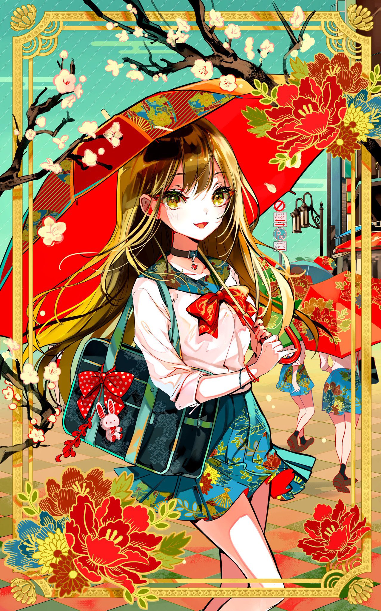 tetete (pooolsar), original, commentary, highres, symbol-only commentary, 1girl, bag, black choker, bow, brown eyes, brown hair, choker, collarbone, floral print, flower, holding, holding umbrella, long hair, long sleeves, looking at viewer, parted lips, pleated skirt, red bow, red umbrella, school bag, school uniform, shirt, skirt, smile, umbrella, white shirt