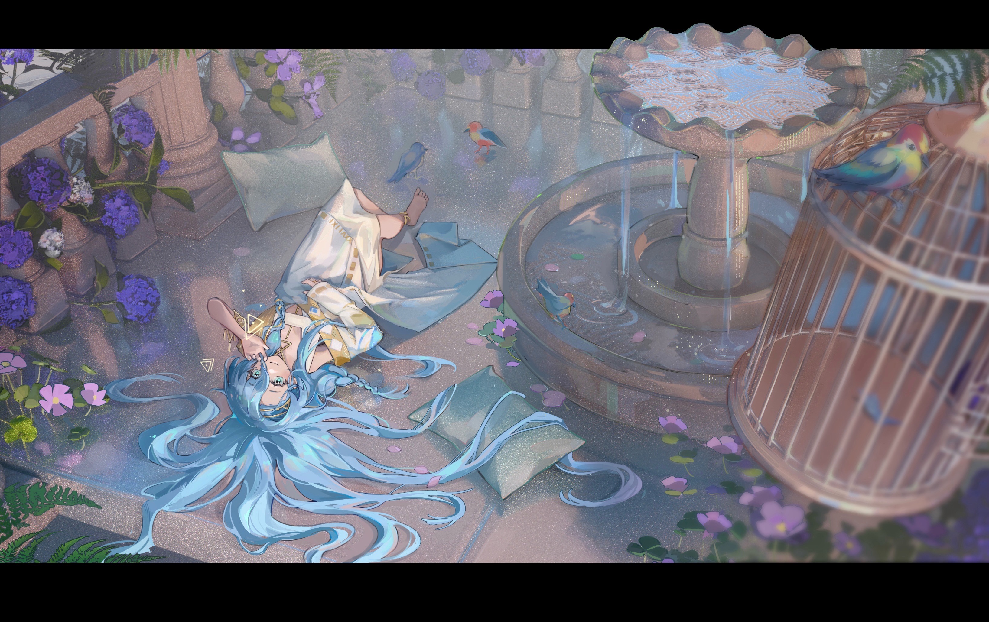 37 (reverse:1999), reverse:1999, absurdres, highres, 1girl, anklet, barefoot, bird, birdcage, blue eyes, blue hair, cage, cushion, dxzloo, flower, fountain, full body, hair between eyes, hair spread out, hand up, jewelry, letterboxed, long hair, lying, on back, on ground, outside border, pink flower, plant, purple flower, scenery, solo, toga, upside-down, very long hair, water, wide shot