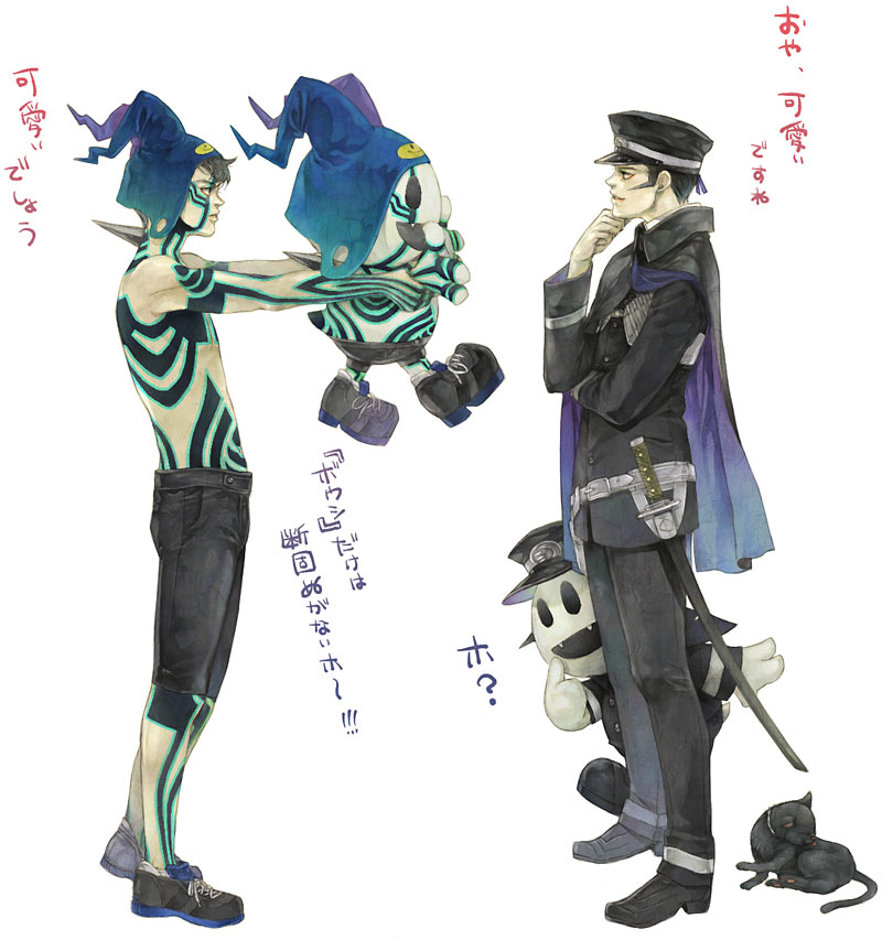 karuta shiki, demi-fiend, gouto, jack frost (megami tensei), kuzunoha raidou, raiho, atlus, devil summoner (series), shin megami tensei, shin megami tensei iii: nocturne, translated, 2boys, belt, black hair, cat, demon (megami tensei), gakuran, hat, katana, male focus, multiple boys, school uniform, shako cap, sword, weapon