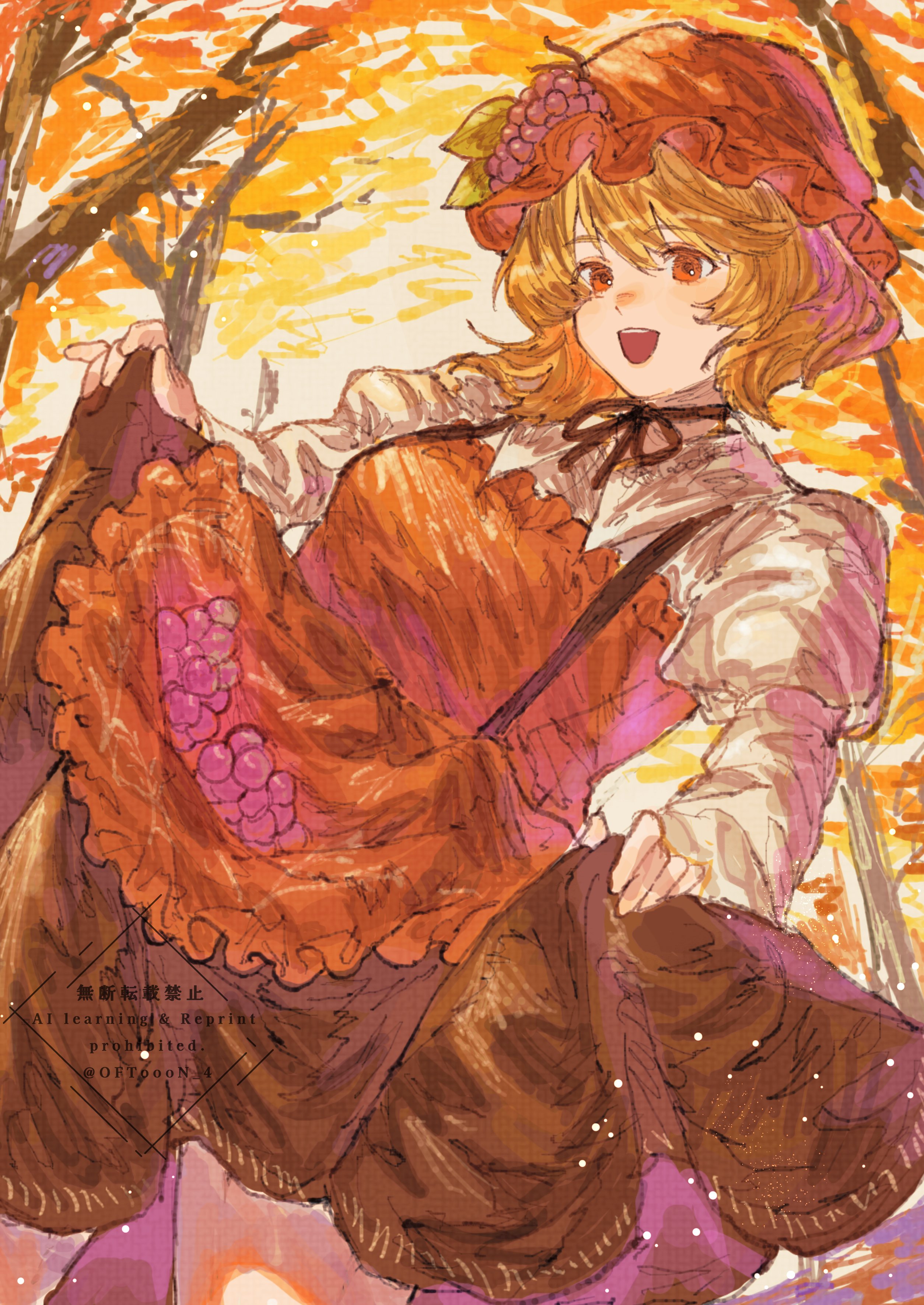 oftooon, aki minoriko, touhou, absurdres, commentary request, highres, 1girl, :d, apron, autumn leaves, black skirt, blonde hair, clothes lift, food, fruit, grape hat ornament, grapes, hat, leaf, long sleeves, medium hair, open mouth, orange apron, orange eyes, shirt, skirt, skirt lift, smile, solo, teeth, thighs, upper teeth only, watermark, white shirt