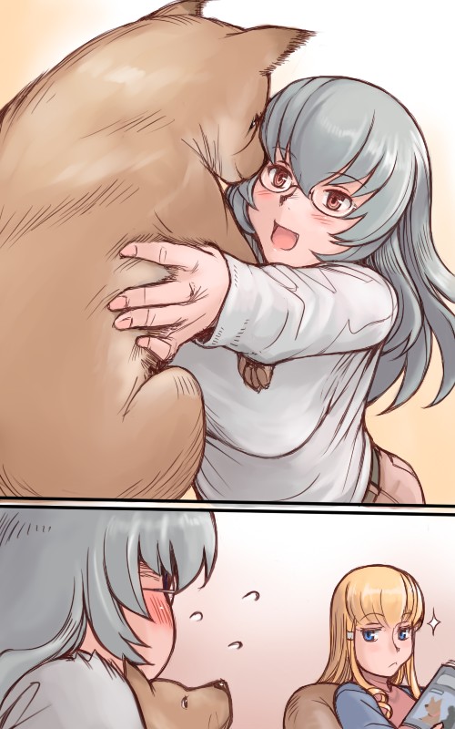 tsuda nanafushi, shinku, suigintou, rozen maiden, silver hair, 00s, 2girls, aged up, blonde hair, blue eyes, blush, breasts, dog, glasses, large breasts, multiple girls