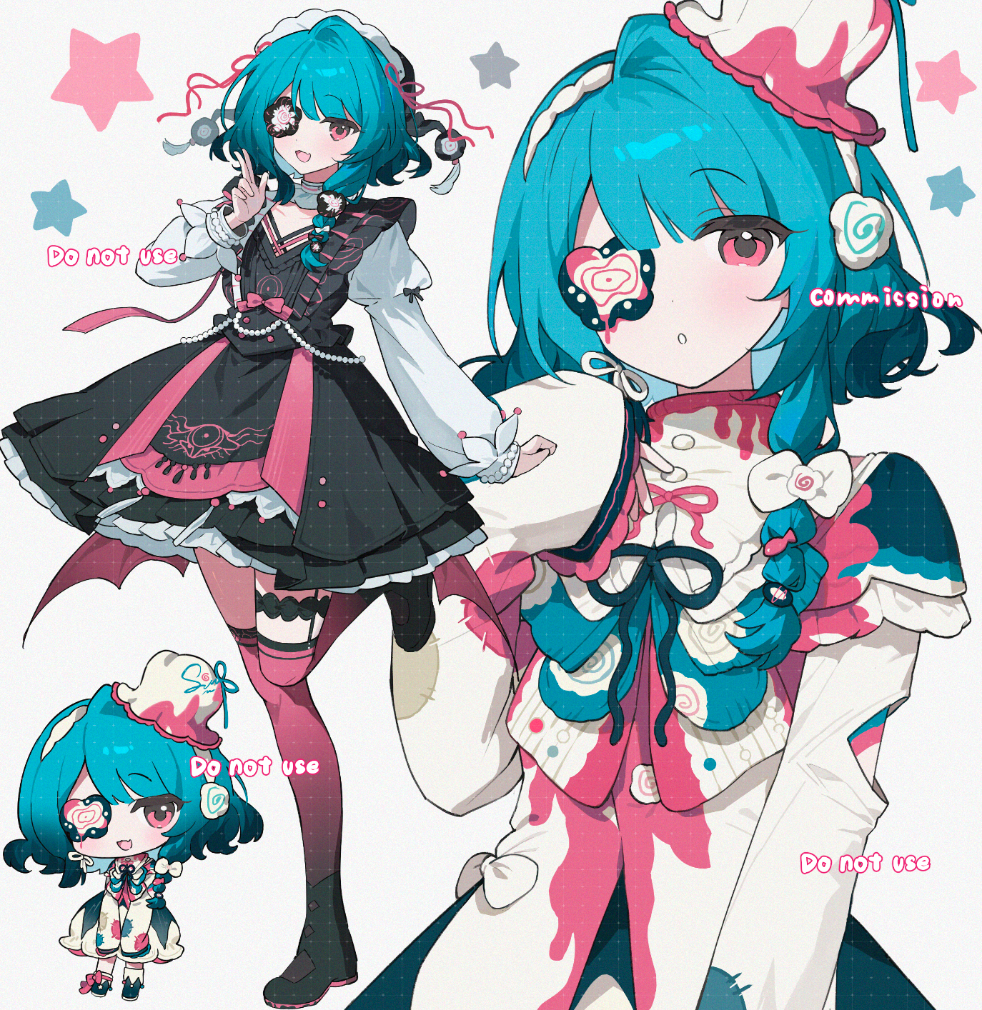 ame ame, original, commission, highres, 1girl, :d, black dress, black shoes, blue hair, chibi, dress, full body, hand up, hat, long sleeves, looking at viewer, multiple views, one eye covered, open mouth, over-kneehighs, parted lips, pinafore dress, red eyes, red thighhighs, shirt, shoes, short hair, simple background, single hair intake, sleeveless, sleeveless dress, sleeves past wrists, smile, standing, standing on one leg, thighhighs, watermark, white background, white hat, white shirt