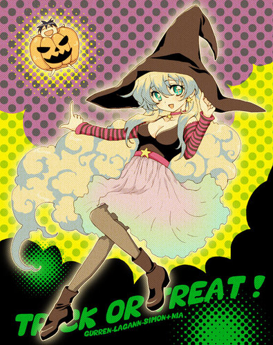 mizutama, mizutama (artist), nia teppelin, simon (ttgl), tengen toppa gurren lagann, striped, lowres, 00s, 1boy, 1girl, boots, breasts, character name, choker, cleavage, copyright name, dress, halloween, hat, multicolored hair, pantyhose, polka dot, star (symbol), trick or treat, witch, witch hat
