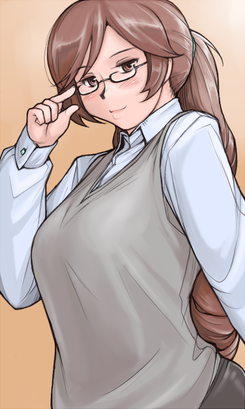 tsuda nanafushi, suiseiseki, rozen maiden, 00s, adjusting eyewear, aged up, alternate hairstyle, breasts, brown eyes, brown hair, casual, glasses, large breasts, long hair, ponytail, solo