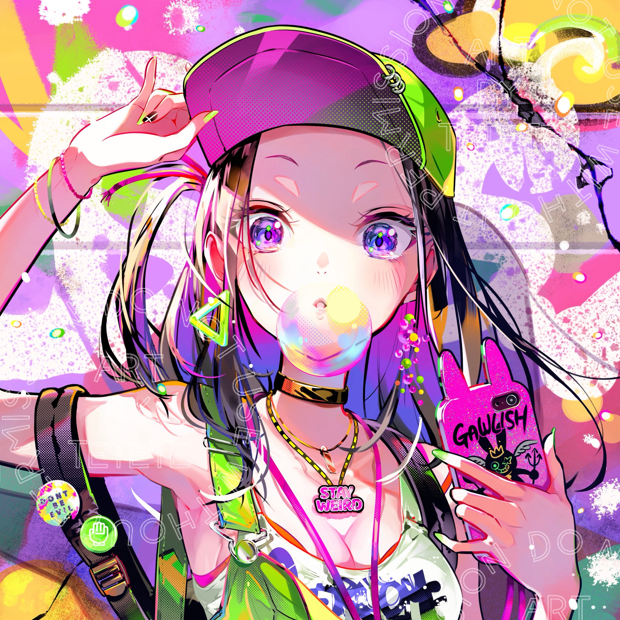 tetete (pooolsar), original, commentary, highres, symbol-only commentary, 1girl, arm up, armpits, black choker, black hair, blowing bubble gum, breasts, bubble, chewing gum, choker, cleavage, earrings, graffiti, green nails, hat, holding, holding phone, jewelry, long hair, looking at viewer, medium breasts, necklace, peaked cap, phone, purple eyes, straight hair