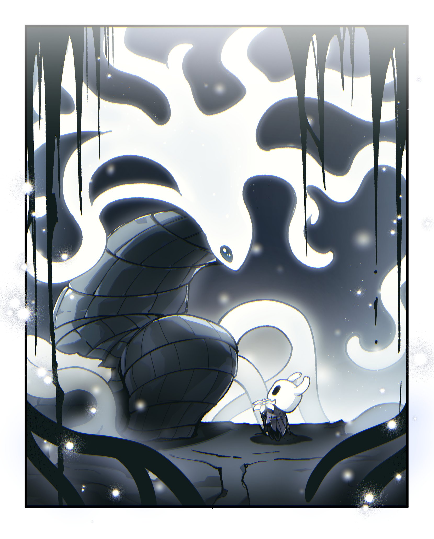 knight (hollow knight), white lady (hollow knight), hollow knight, highres, 1girl, 1other, arthropod boy, bamsot, black eyes, blank eyes, cloak, colored skin, everbloom (hollow knight), flower, full body, grey cloak, holding, holding flower, hollow eyes, horned mask, horns, looking at another, looking down, looking up, mask, squatting, standing, wavy hair, white mask, white skin