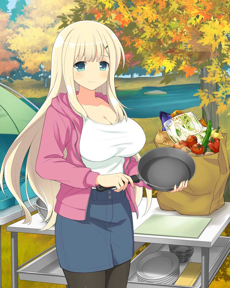 yomi (senran kagura), senran kagura, senran kagura new wave, senran kagura shoujo-tachi no shin'ei, non-web source, official art, 1girl, apple, aqua eyes, autumn, autumn leaves, bag, bean sprout, bell pepper, black pantyhose, blonde hair, blue skirt, blue sky, blush, bowl, breasts, camping, carrot, cleavage, collarbone, cowboy shot, cutting board, denim, denim skirt, eggplant, food, forest, fruit, frying pan, grass, green hair ornament, hair ornament, hairclip, holding, holding frying pan, jacket, large breasts, leaf, long hair, looking at viewer, nature, onion, outdoors, pantyhose, paper bag, pink jacket, plant, plate, potato, river, shelf, shirt, skirt, sky, smile, solo, standing, table, tent, tomato, tree, very long hair, white shirt, zucchini (vegetable)