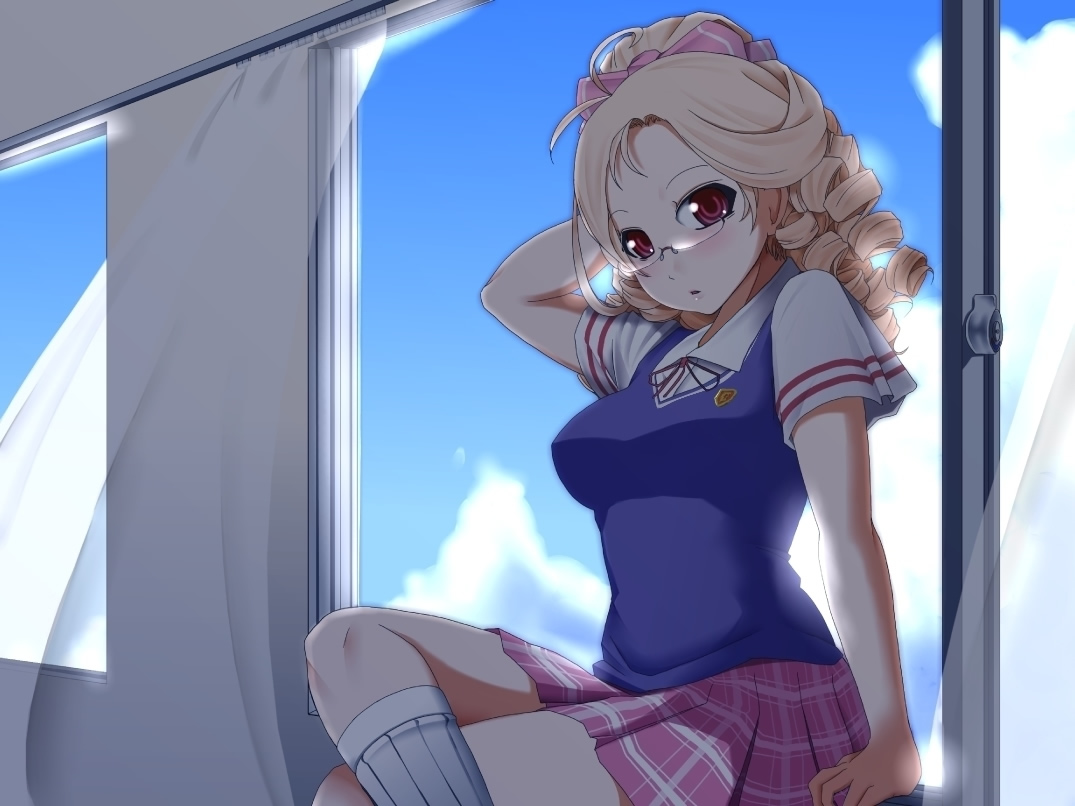 chemical-x, bad id, bad pixiv id, 1girl, arm support, arms up, blonde hair, blush, cloud, crossed legs, curtains, day, drill hair, female focus, glasses, plaid clothes, plaid skirt, red eyes, ribbon, ringlets, school uniform, sitting, skirt, sky, socks, solo, sweater vest, window