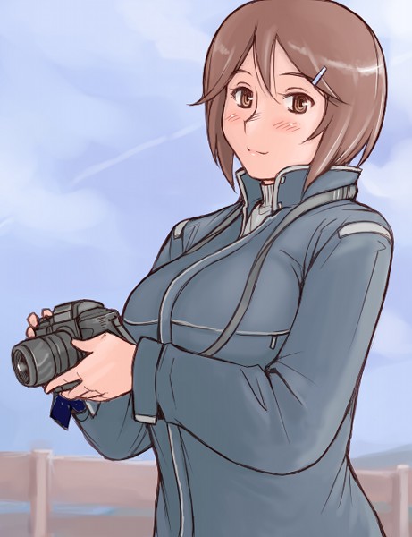 tsuda nanafushi, souseiseki, rozen maiden, 00s, 1girl, aged up, blush, breasts, brown eyes, brown hair, camera, casual, female focus, large breasts, short hair, solo