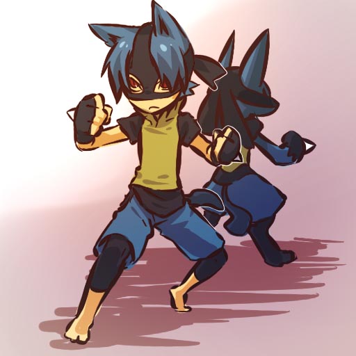 hitec, lucario, moemon, nintendo, pokemon, pokemon dppt, 00s, 1boy, barefoot, creature and personification, gen 4 pokemon, male focus, personification, pokemon (creature)