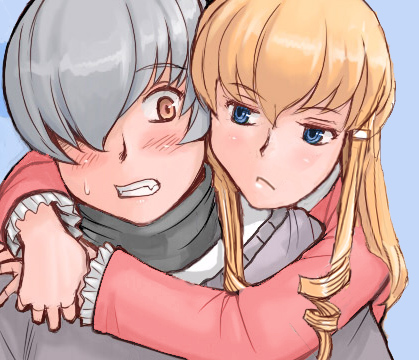 tsuda nanafushi, shinku, suigintou, rozen maiden, silver hair, lowres, 00s, 2girls, :<, aged up, blonde hair, blue eyes, blush, casual, hair over one eye, multiple girls, short hair