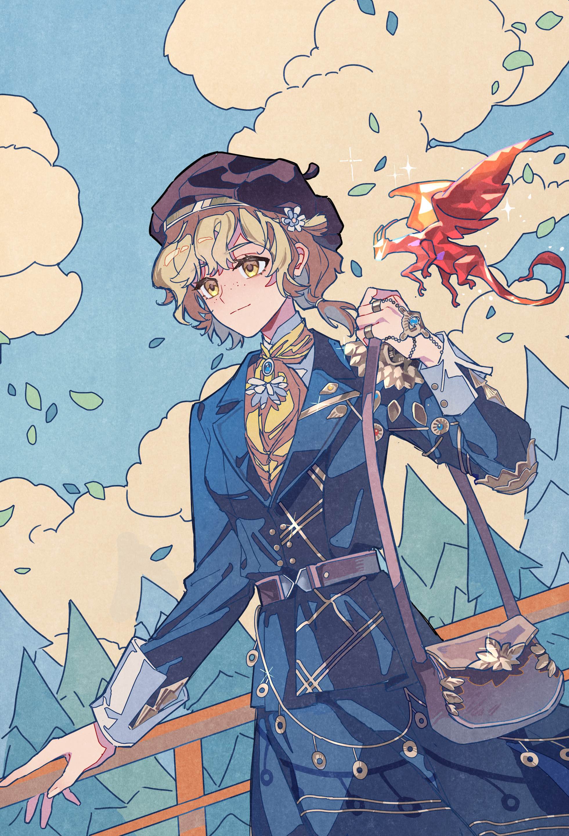 reverse:1999, absurdres, highres, 1girl, bag, beret, black hat, blonde hair, blue jacket, blue skirt, blue sky, brown bag, brume (reverse:1999), closed mouth, cloud, cloudy sky, dragon, dutch angle, falling leaves, hand on railing, hand up, hat, holding strap, jacket, leaf, light smile, looking ahead, moriila, neckerchief, pine tree, railing, shirt, short hair, shoulder bag, skirt, sky, small dragon, solo, tree, upper body, white shirt, yellow eyes, yellow neckerchief