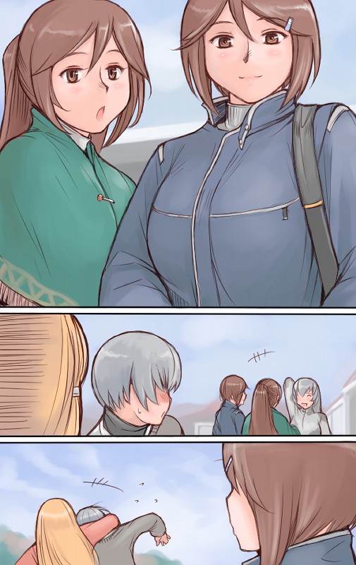 tsuda nanafushi, shinku, souseiseki, suigintou, suiseiseki, rozen maiden, silver hair, 00s, 4girls, aged up, blush, breasts, brown eyes, brown hair, casual, large breasts, long hair, multiple girls, short hair, siblings, sisters, twins