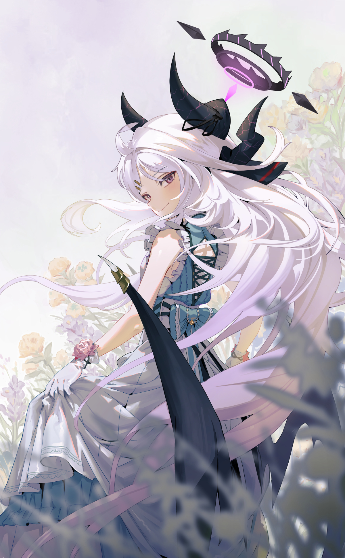 keji133, hina (blue archive), blue archive, highres, revision, 1girl, alternate costume, bare arms, black halo, blue shirt, blush, closed mouth, demon girl, demon horns, demon wings, from behind, gloves, halo, horns, long hair, looking at viewer, purple eyes, shirt, skirt, skirt hold, sleeveless, sleeveless shirt, smile, solo, white gloves, white hair, white skirt, wings