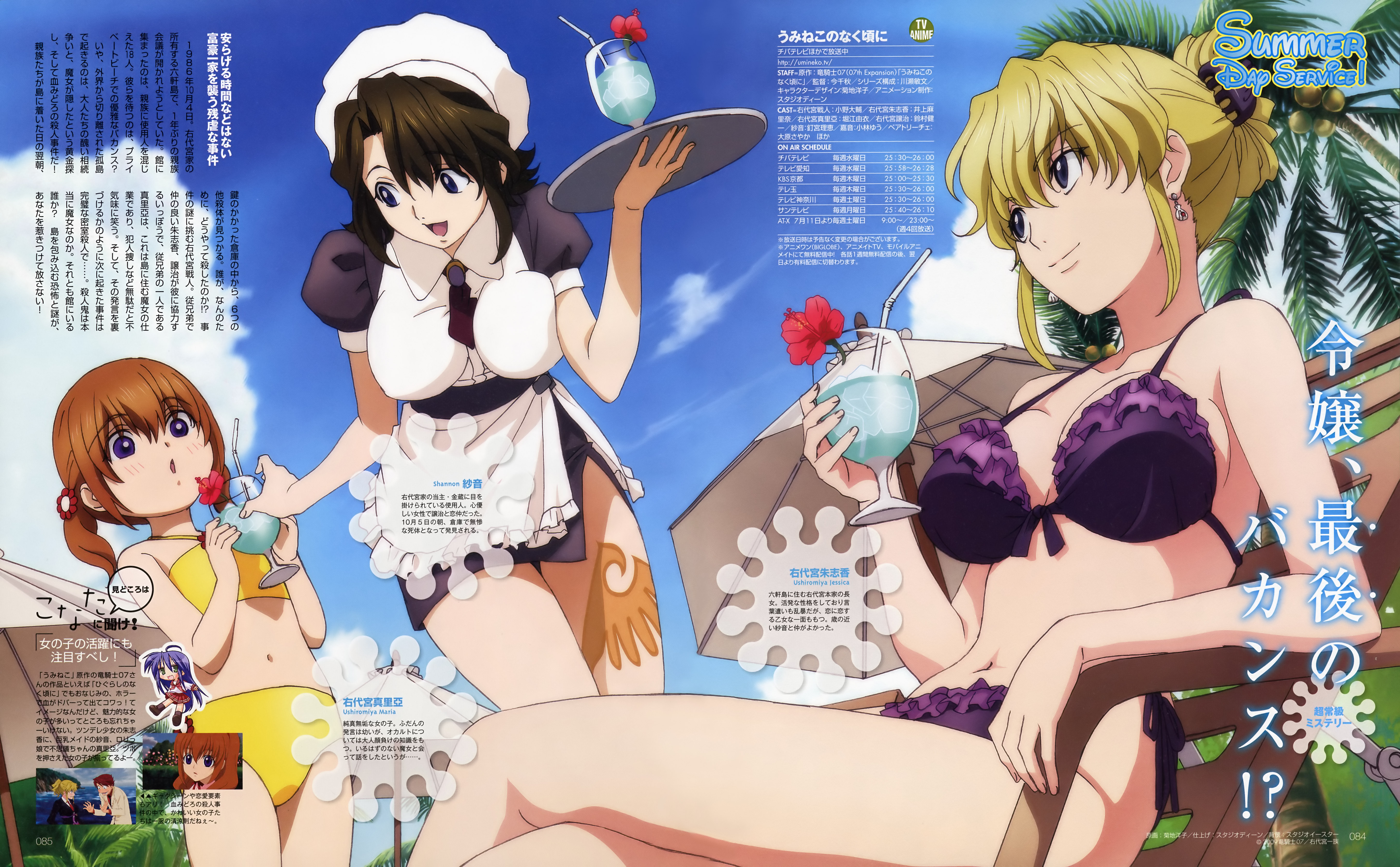 kikuchi youko, izumi konata, shannon (umineko), ushiromiya battler, ushiromiya jessica, ushiromiya maria, disney, lucky star, umineko no naku koro ni, absurdres, highres, official art, 00s, 3girls, age difference, bikini, blonde hair, blue eyes, breasts, brown eyes, brown hair, cleavage, crossed legs, day, dress, drink, frilled bikini, frills, hat, highleg, highleg bikini, large breasts, maid, multiple girls, orange hair, purple bikini, short hair, side-tie bikini bottom, sitting, swimsuit, yellow bikini