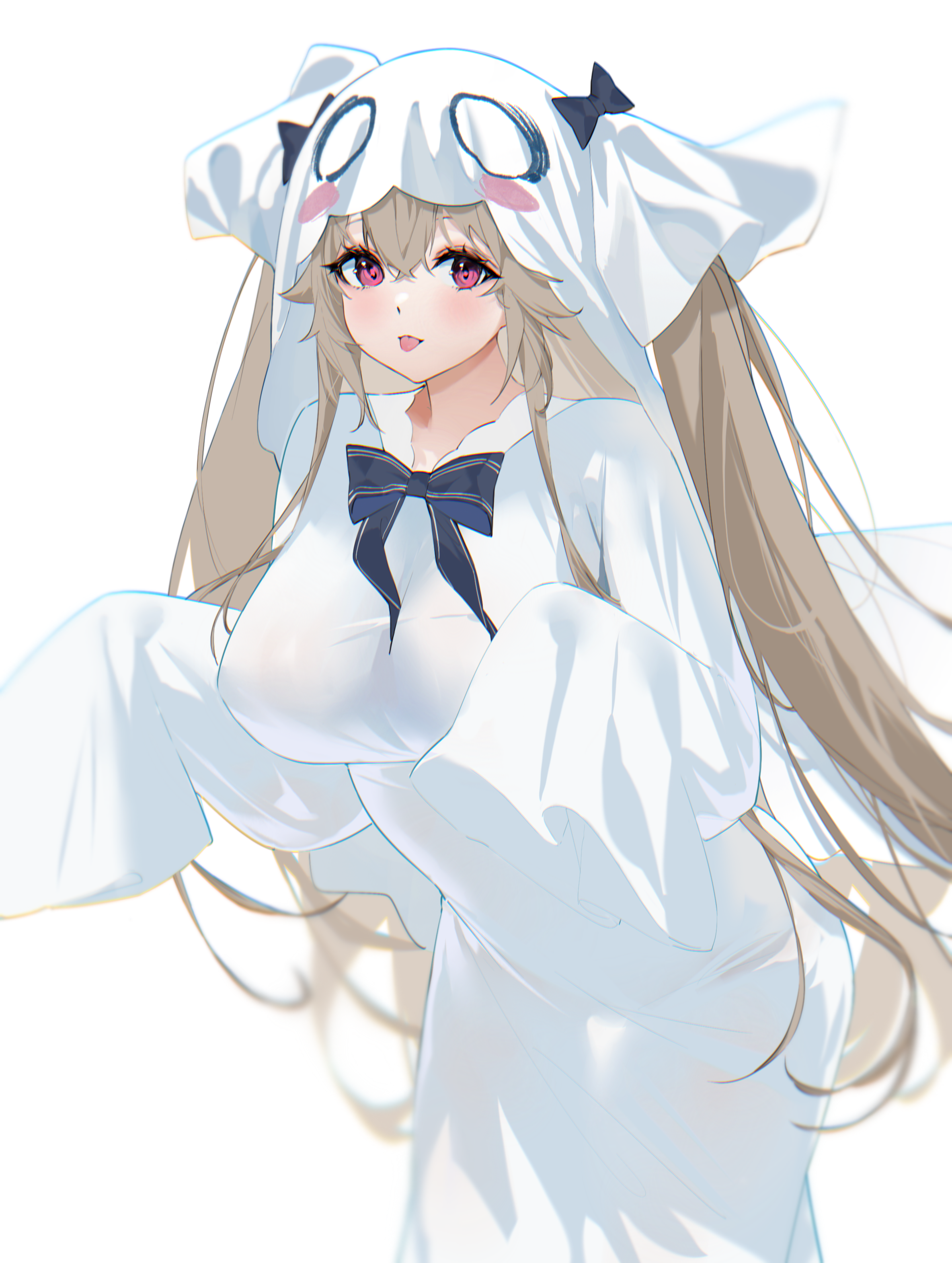annlee, anchorage (azur lane), azur lane, absurdres, chinese commentary, commentary request, highres, 1girl, alternate costume, black bow, blue ribbon, blush, bow, breasts, brown hair, cowboy shot, ghost costume, hair between eyes, hands up, hood, hood bow, hood up, large breasts, leaning forward, long hair, long sidelocks, long sleeves, looking at viewer, pink eyes, ribbon, robe, sidelocks, simple background, sleeves past wrists, solo, standing, striped ribbon, tongue, tongue out, twintails, white background, white robe