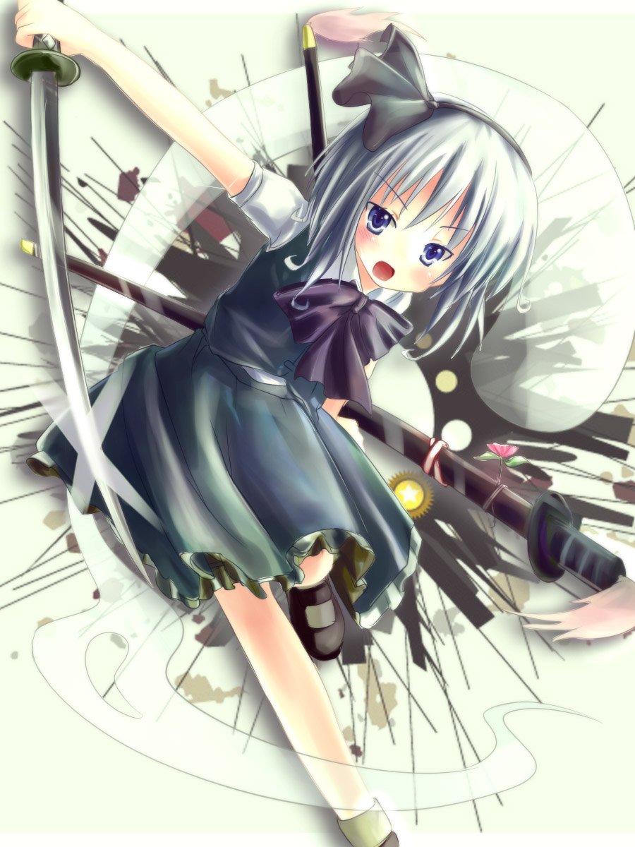 kimikimi, konpaku youmu, konpaku youmu (ghost), touhou, silver hair, bad id, bad pixiv id, highres, 1girl, blue eyes, female focus, ghost, hairband, hitodama, katana, short hair, solo, sword, weapon