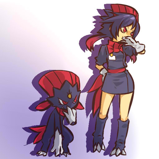 hitec, weavile, moemon, nintendo, pokemon, pokemon dppt, 00s, 1girl, claws, costume, creature and personification, gen 4 pokemon, gloves, hat, nurse, personification, pokemon (creature), skirt