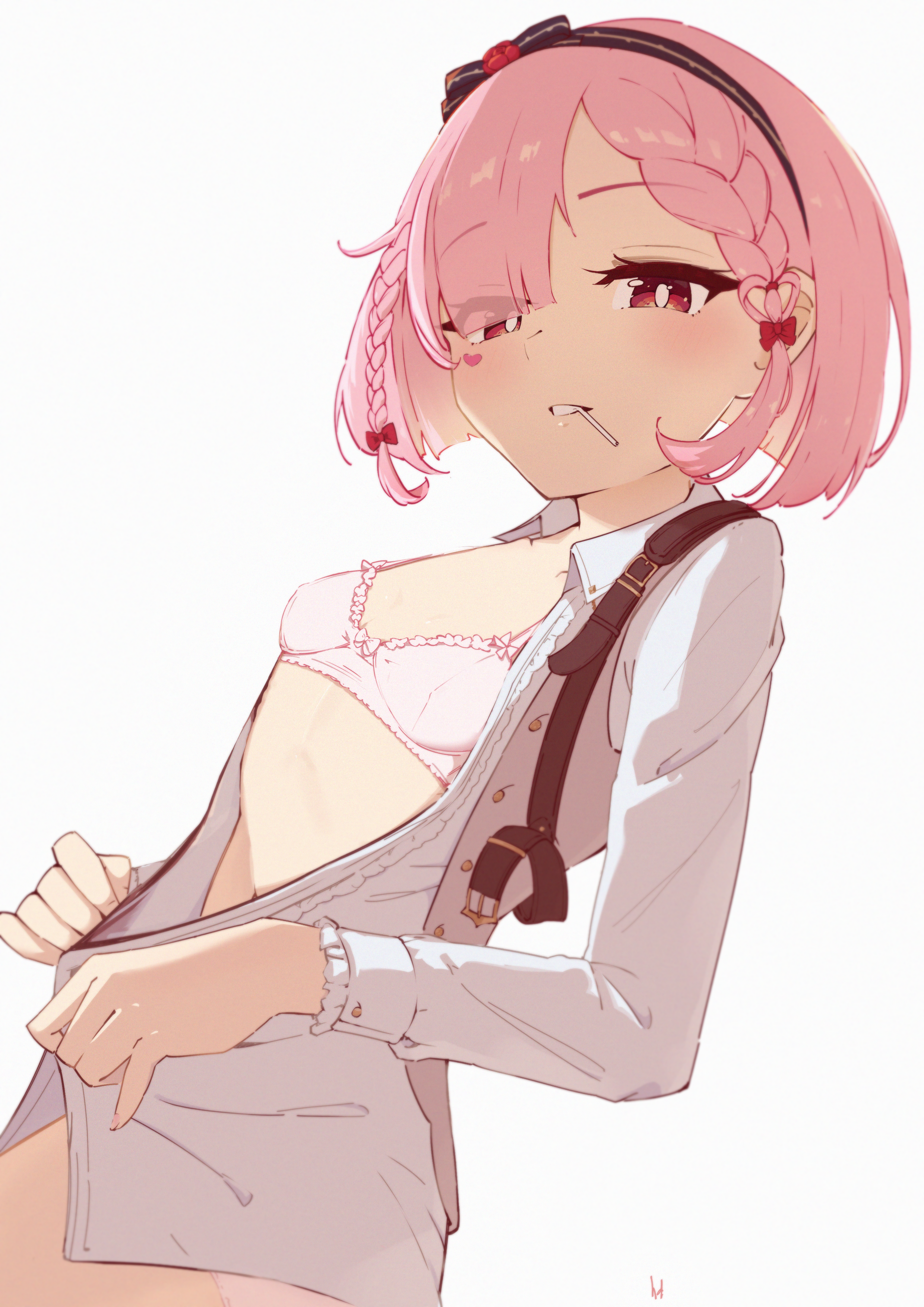 hdukl, rosemi lovelock, rosemi lovelock (spy), nijisanji, nijisanji en, absurdres, commentary, english commentary, highres, 1girl, blush, bob cut, bow, bow bra, bra, braid, breasts, candy, eyes visible through hair, facial mark, food, hair bow, hair over one eye, hairband, heart, heart facial mark, lollipop, lollipop in mouth, looking at viewer, medium hair, navel, panties, parted lips, partially unbuttoned, petite, pink bra, pink hair, red eyes, signature, simple background, small breasts, solo, underwear, virtual youtuber, white background