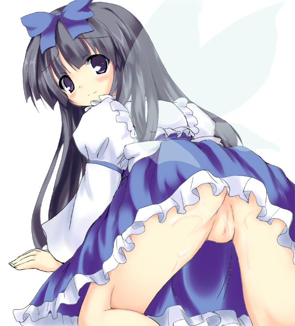 ryokushiki (midori-ya), star sapphire, eastern and little nature deity, touhou, touhou sangetsusei, 1girl, all fours, ass, black hair, censored, cum, dress, female focus, from behind, hair ribbon, loli, long hair, looking at viewer, looking back, no panties, pussy, ribbon, skirt, solo, upskirt, wings
