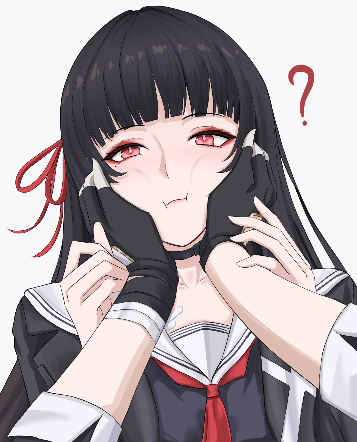 luckplz, chisa (wuthering waves), male rover (wuthering waves), rover (wuthering waves), wuthering waves, bad id, bad twitter id, commentary, english commentary, highres, 1boy, 1girl, :t, ?, black choker, black gloves, black hair, black jacket, black shirt, cheek squash, choker, collarbone, gloves, hair ribbon, hands on another's cheeks, hands on another's face, jacket, light blush, long hair, looking at viewer, mole, mole under eye, neckerchief, pov, pov hands, red eyes, red neckerchief, red ribbon, ribbon, sailor collar, shirt, simple background, upper body, white background, white sailor collar