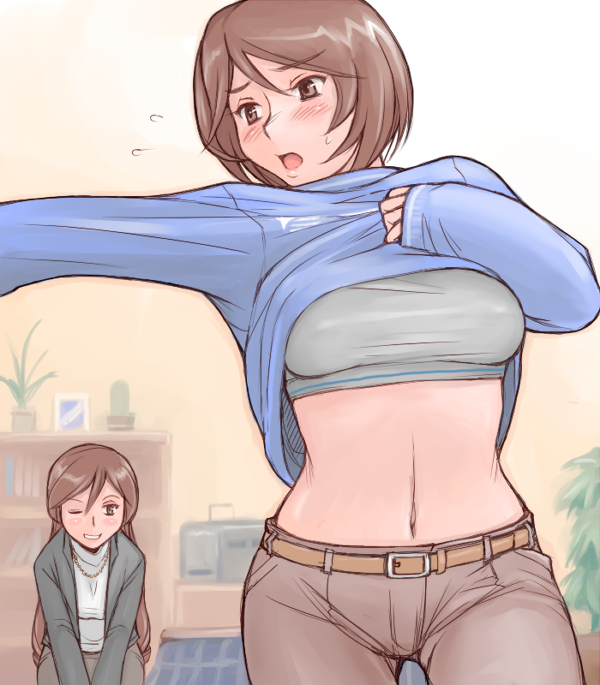 tsuda nanafushi, souseiseki, suiseiseki, rozen maiden, 00s, 2girls, aged up, belt, blush, bra, breasts, brown eyes, brown hair, dressing, jewelry, large breasts, lingerie, long hair, midriff, multiple girls, navel, necklace, one eye closed, pants, short hair, siblings, sisters, sports bra, twins, underwear, undressing, wink