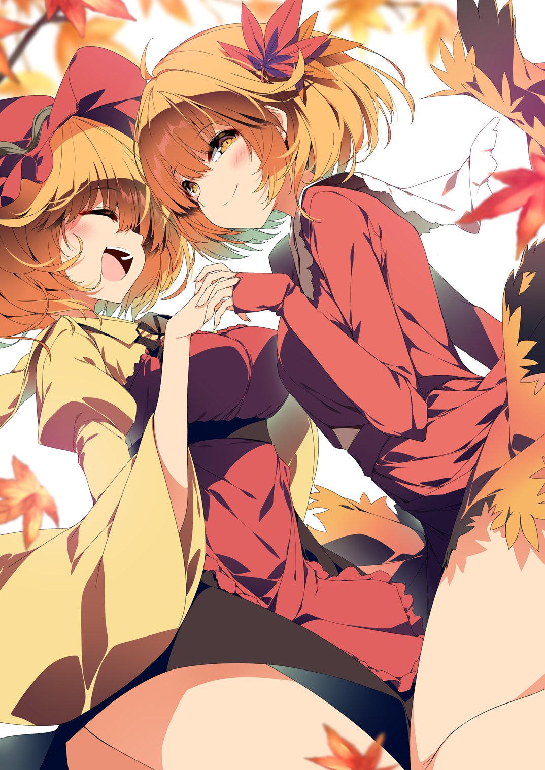 sakurame, aki minoriko, aki shizuha, touhou, commentary request, highres, 2girls, :d, apron, autumn leaves, black skirt, blonde hair, blush, breasts, closed mouth, dress, from side, gradient clothes, gradient dress, hat, interlocked fingers, leaf, long sleeves, maple leaf, maple leaf hair ornament, medium breasts, medium hair, multiple girls, no headwear, open mouth, red apron, red dress, shirt, siblings, skirt, small breasts, smile, teeth, thighs, upper teeth only, yellow eyes, yellow shirt