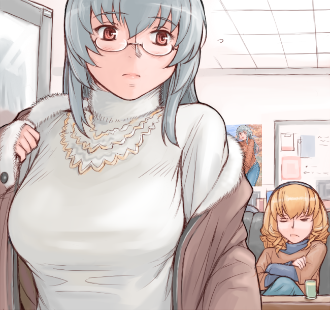 tsuda nanafushi, hinaichigo, suigintou, rozen maiden, silver hair, 00s, 2girls, aged up, blonde hair, breasts, casual, coat, glasses, hairband, large breasts, multiple girls, one eye closed, wink