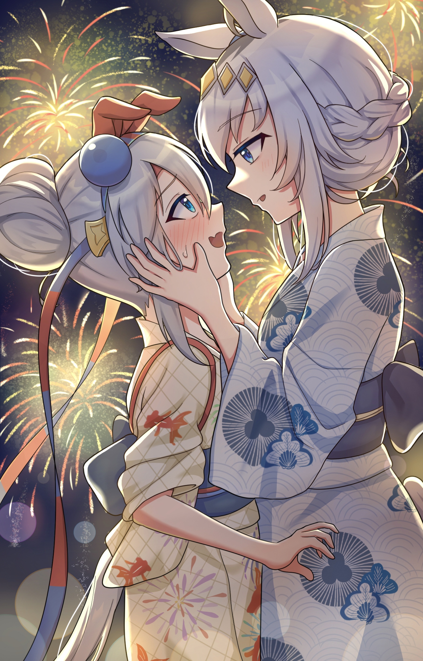 oguri cap (umamusume), tamamo cross (umamusume), umamusume, commentary, highres, symbol-only commentary, 2girls, aerial fireworks, alternate hairstyle, animal ears, blue eyes, blush, braid, ear covers, fireworks, from side, grey hair, hair bun, hair ornament, hands on another's face, horse ears, horse girl, horse tail, japanese clothes, kimono, multiple girls, night, night sky, outdoors, ribbon, sky, tail, user njyp2785, yukata, yuri