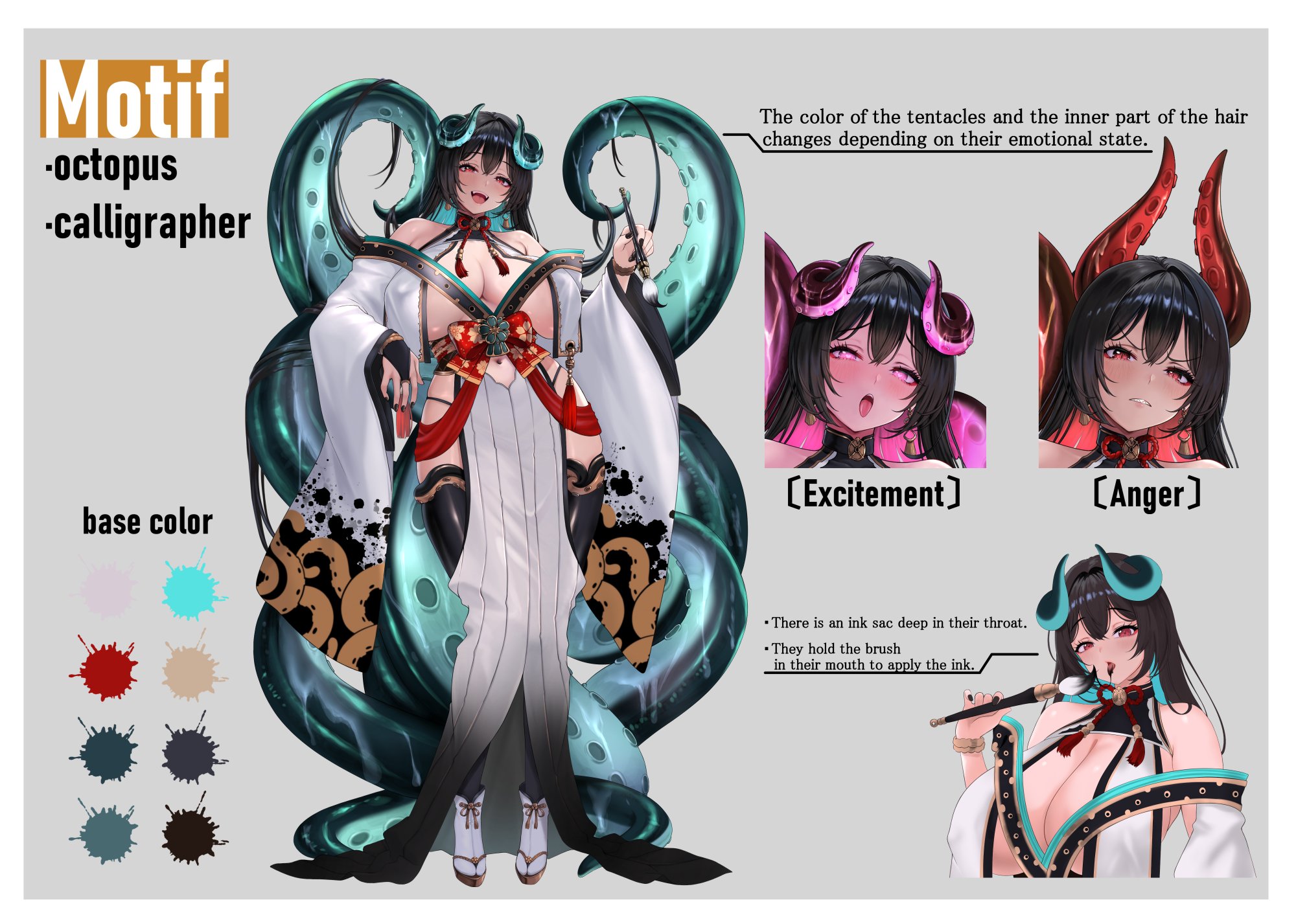 uzyou (momotk1109), original, highres, 1girl, black bridal gauntlets, black hair, black nails, black thighhighs, bow, breast curtains, breasts, bridal gauntlets, cleavage, color guide, english text, holding, holding paintbrush, large breasts, monster girl, navel, open mouth, paintbrush, purple eyes, red bow, red eyes, scylla, tabi, thighhighs, tongue