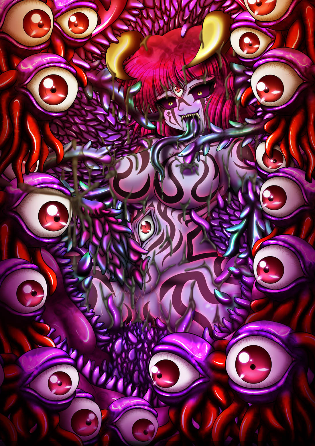 hozumi touji, character request, highres, 1futa, black sclera, breasts, colored sclera, corruption, demon girl, fangs, futanari, horns, large breasts, long tongue, monster, monster girl, navel eye, nipple penetration, nipples, nude, pink hair, pussy, short hair, tattoo, teeth, tentacles, third eye, tongue, tongue out, transformation, yellow eyes