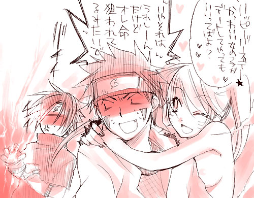 mako (omega plus), inuzuka kiba, naruko (naruto), uchiha sasuke, uzumaki naruto, naruto (classic), naruto (series), lowres, translated, 1girl, 2boys, angry, arm warmers, arms around neck, arms up, breasts, chakra, clothed male nude female, covered eyes, electricity, energy, facial mark, facial tattoo, facing another, fang, fishnet top, fishnets, flirting, forehead protector, genderswap, genderswap (mtf), hair between eyes, hand up, hands up, happy, headband, heart, hetero, hug, jacket, japanese text, jealous, large breasts, lightning, long hair, looking at another, looking back, medium breasts, monochrome, multiple boys, ninja, nipples, nude, one eye closed, open clothes, open jacket, open mouth, scared, short hair, sideboob, smile, speech bubble, spiked hair, spoken heart, star (symbol), sweat, talking, tattoo, tongue, twintails, upper body, whisker markings, whiskers, wink