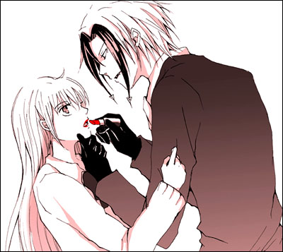 katsuragi yako, nougami neuro, majin tantei nougami neuro, grabbing, lowres, 00s, formal clothes, gloves, lipstick, makeup, suit, sweater