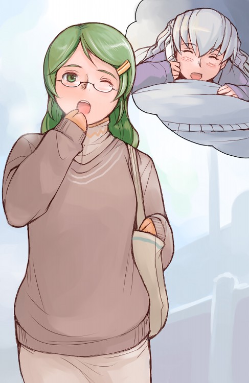 tsuda nanafushi, kanaria, suigintou, rozen maiden, silver hair, 00s, aged up, bag, casual, cellphone, glasses, gloves, green eyes, green hair, phone, talking on phone, wink