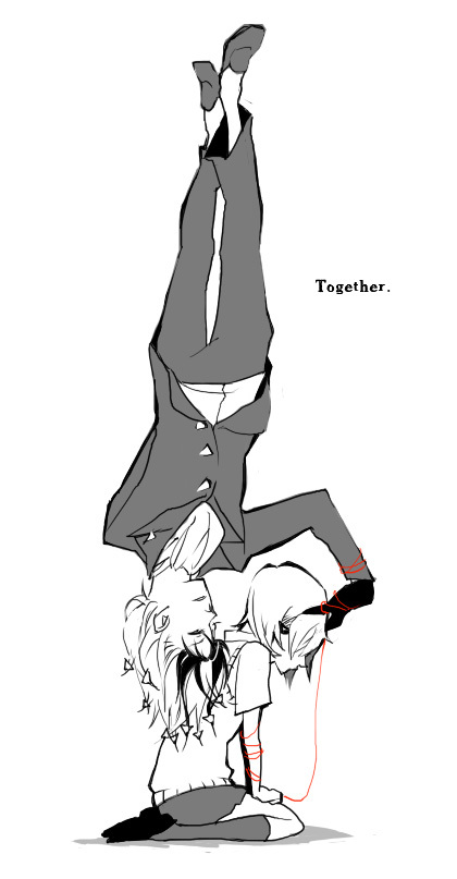 katsuragi yako, nougami neuro, majin tantei nougami neuro, 00s, colored bangs, formal clothes, gloves, greyscale, monochrome, string, string of fate, suit, upside-down