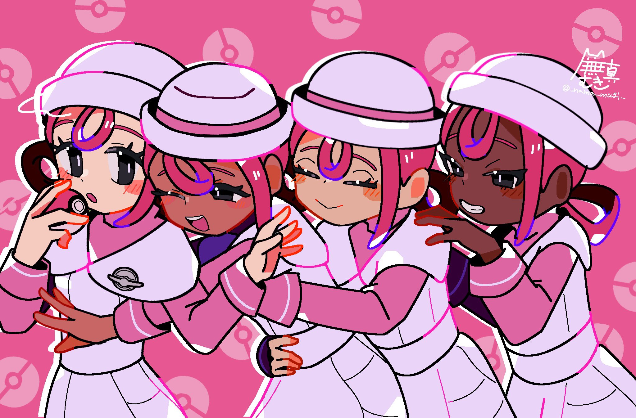 nama mugi, joy (pokemon), nintendo, pokemon, pokemon legends: z-a, highres, 4girls, apron, blush, breasts, closed eyes, closed mouth, dark-skinned female, dark skin, dress, hair rings, hat, holding, holding poke ball, long hair, long sleeves, multiple girls, nurse, nurse cap, one eye closed, open mouth, pink dress, pink hair, poke ball, poke ball (basic), smile, teeth, very dark skin