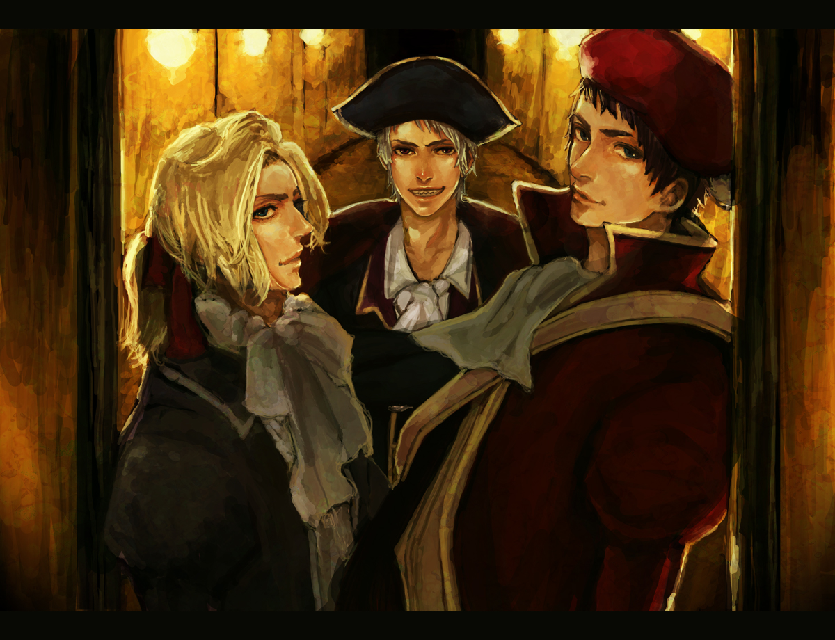 arashiyama aya, france (hetalia), prussia (hetalia), spain (hetalia), axis powers hetalia, uniform, 00s, 3boys, bad friends trio (hetalia), blonde hair, blue eyes, brown hair, grin, hat, male focus, multiple boys, pirate, smile