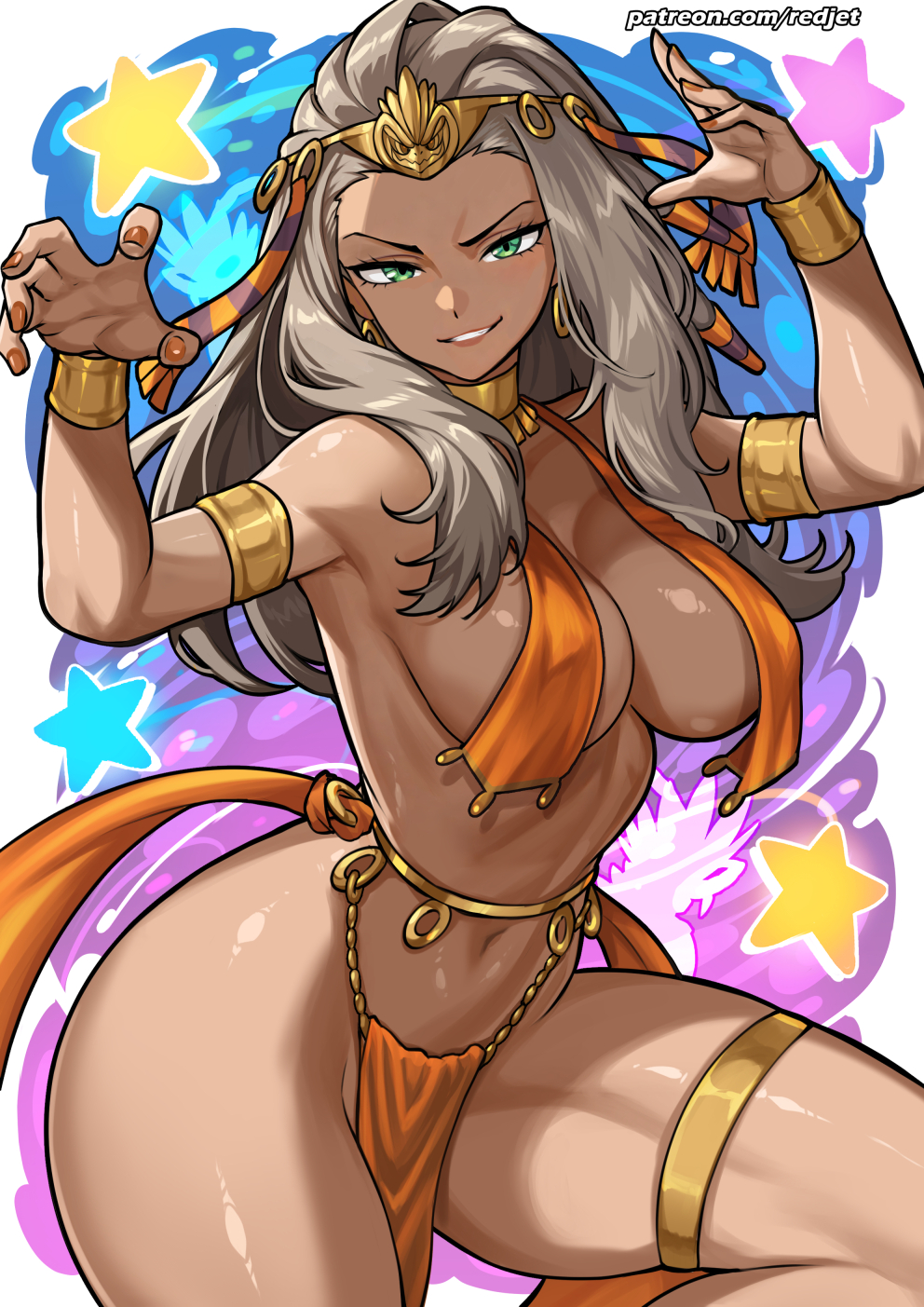 redjet, professor sada, nintendo, pokemon, pokemon sv, commentary, highres, 1girl, ancient egyptian, ancient egyptian clothes, breast curtains, breasts, dark-skinned female, dark skin, green eyes, grey hair, large breasts, long hair, looking at viewer, navel, patreon username, pelvic curtain, smile, star (symbol), thigh strap, thighs