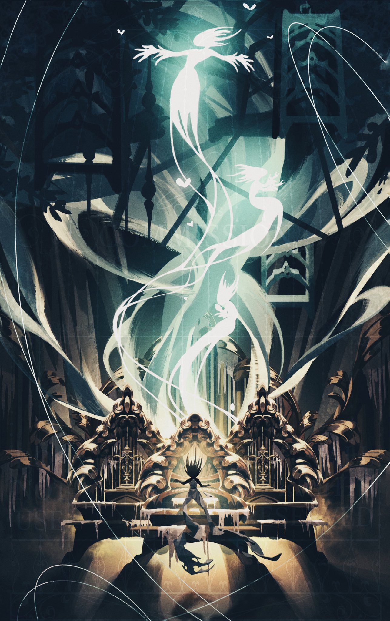 phantom (hollow knight), hollow knight, hollow knight: silksong, commission, highres, arthropod girl, black hair, black skin, bug, butterfly, colored skin, corvus noctis, dress, floating, floating hair, from behind, ghost, grey dress, in-universe location, insect, instrument, mask, music, organ (instrument), piano bench, pipe organ, playing instrument, playing piano, standing, unworn mask, wavy hair, weapon, white mask, wraith (hollow knight)