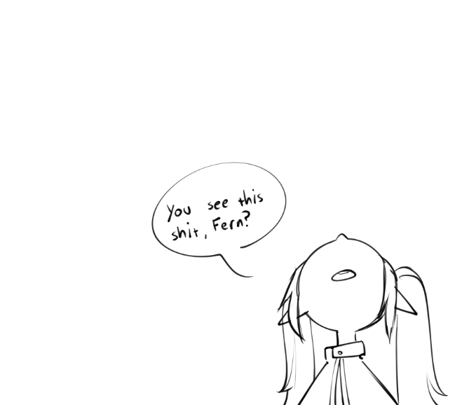 jek korpen, frieren, sousou no frieren, 1girl, english text, greyscale, long hair, looking up, monochrome, negative space, open mouth, pointy ears, portrait, profanity, simple background, solo, speech bubble, white background