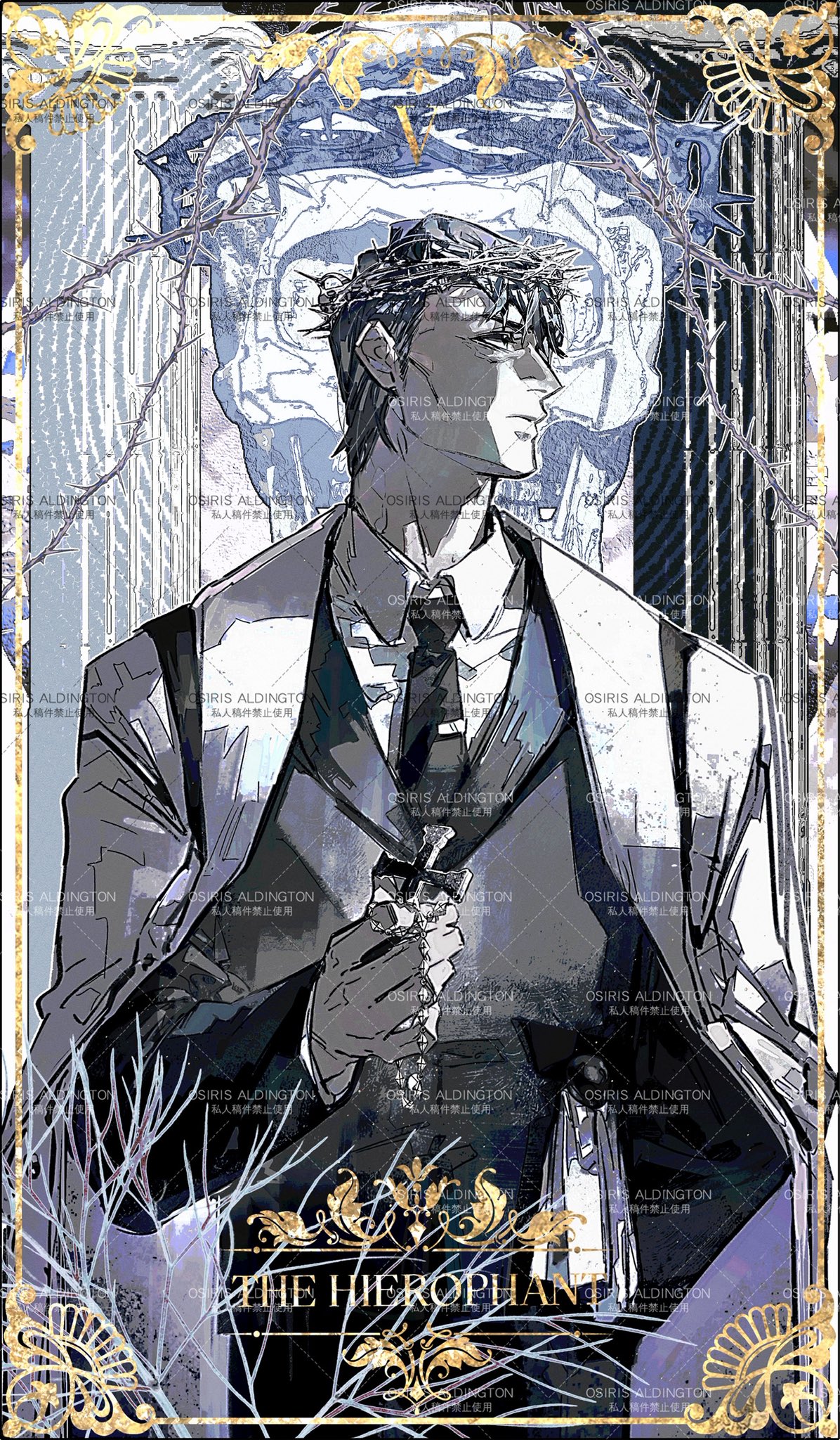 hokma (project moon), library of ruina, project moon, highres, 1boy, bags under eyes, black hair, black necktie, black vest, border, coat, coat on shoulders, collared shirt, column, cowboy shot, cross, crown of thorns, duanxiaosheng1, exhausted, hand in pocket, holding, holding cross, looking to the side, male focus, necktie, ornate border, pillar, shirt, short hair, skull, solo, tarot, the hierophant (tarot), too many watermarks, vest, watermark, white coat, white shirt
